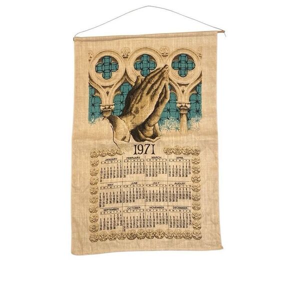 Vintage 1971 Linen Kitchen Calendar Towel Praying Hands Religious Ready to Hang - Picture 1 of 7